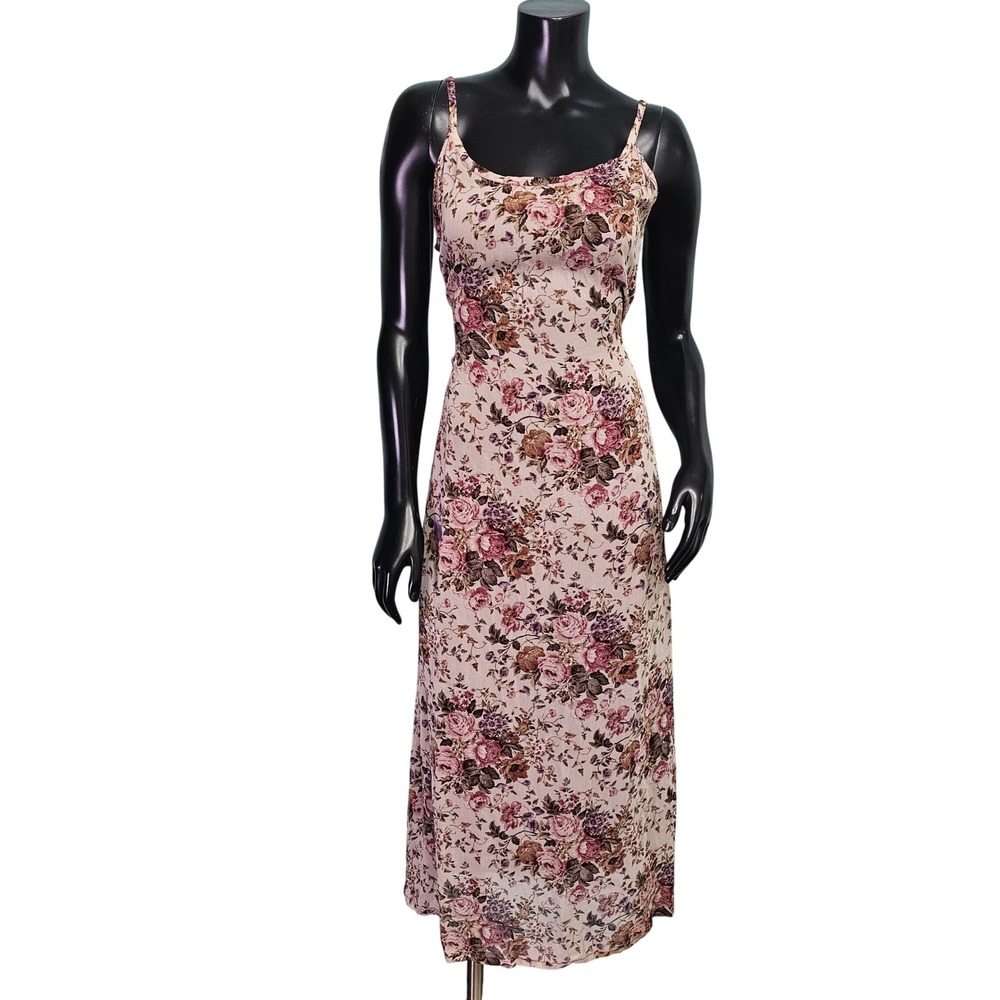 Vintage Floral Rayon Maxi Dress Pink Brown Scoop Neck Tie Back Made in Nepal